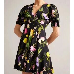 Ted Baker Opallie Floral Black Puff Sleeve Mini Dress Size 1